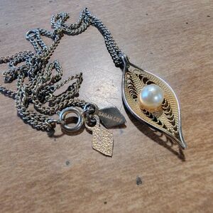 Sarah Coventry Two-Tone Leaf Necklace with Pearl